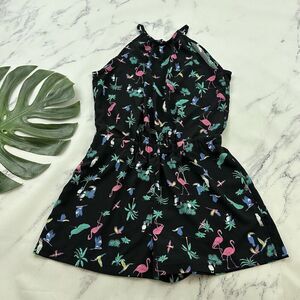 Loft Womens Romper Shorts Size M Black Green Tropical Birds Toucan Parrot